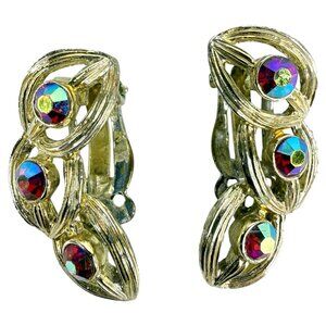 Vintage Aurora Borealis Rhinestones Clip On Earrings Gold Tone Womens